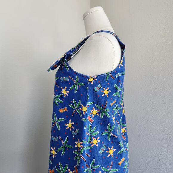 Vintage 80s/90s Blue Sundress Palm Tree Sun Fish Tropical Pattern Ring Straps M - Picture 5 of 10